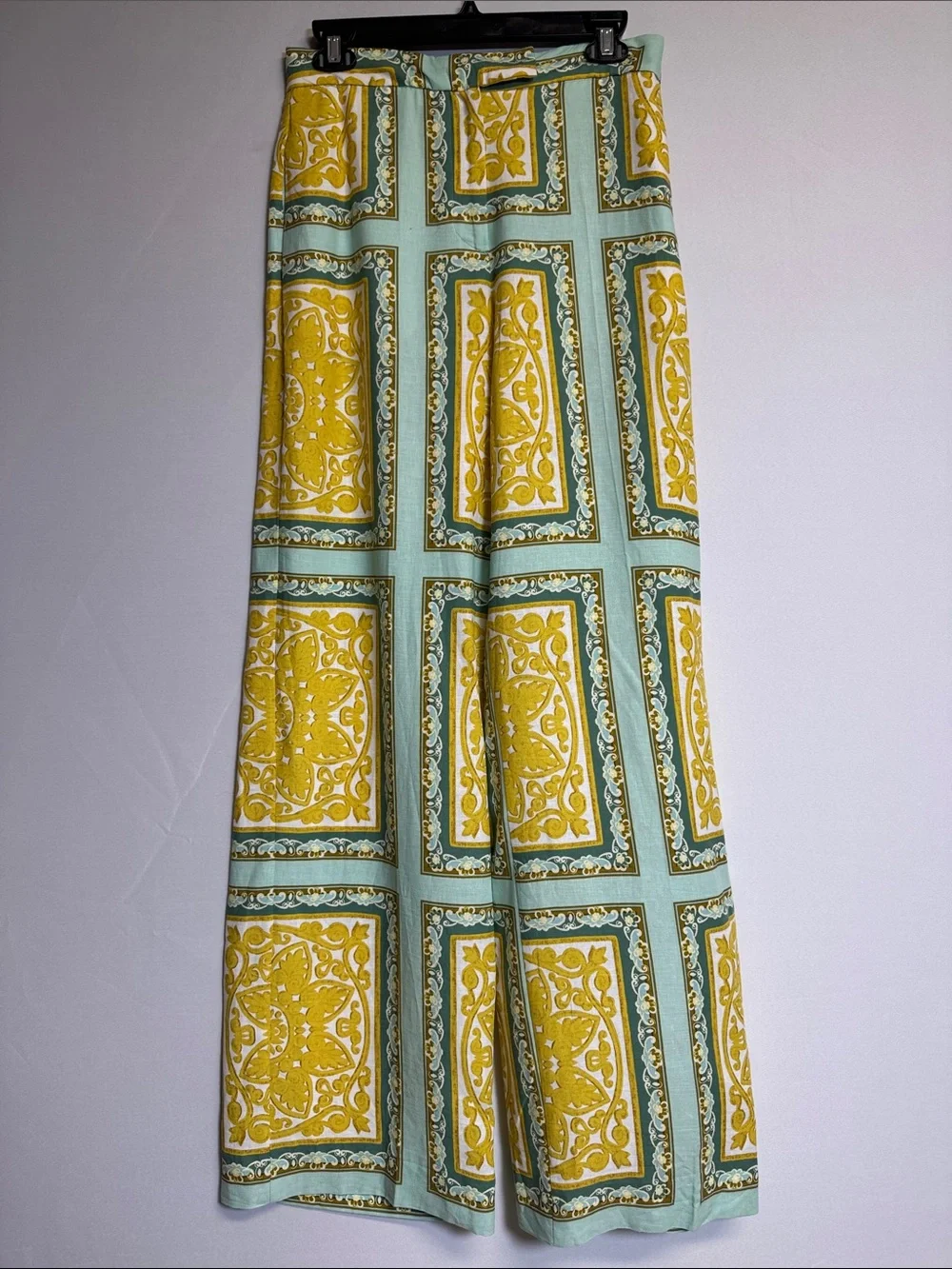 Zara Yellow & Mint Baroque Print Linen Blend Wide Leg Trousers Size Small